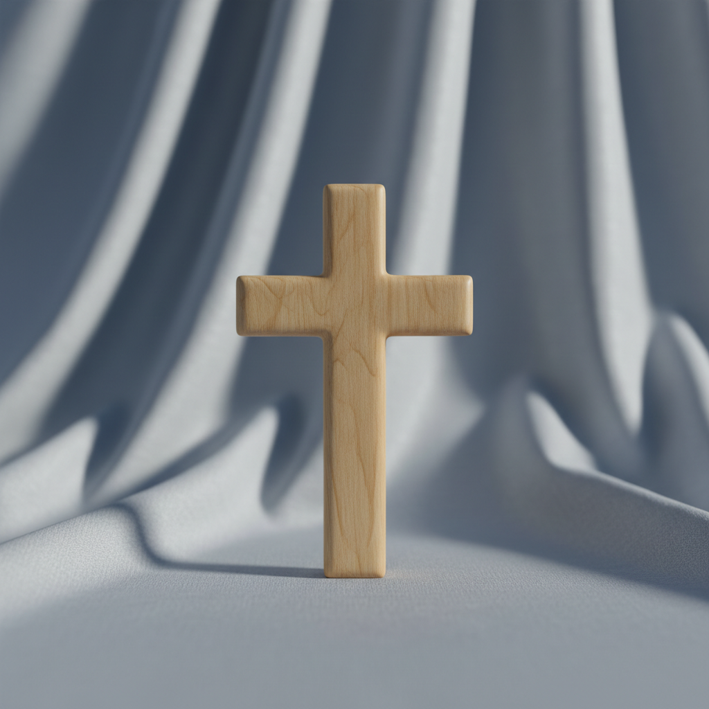 A meticulously arranged wooden cross crafted from smooth, pale oak with refined details and soft edges, resting against a backdrop of silvery-blue linen drapes. The subtle grain of the wood stands out in the gentle morning light streaming from the left, casting a graceful shadow across the textured fabric. The scene exudes a calm and contemplative mood, ideal for a site emphasizing Christian events. Captured at eye-level with a centered composition and minimalist surroundings, there is sharp focus on the cross while the background gently falls away into a muted gradient, epitomizing a sophisticated, photographic realism.