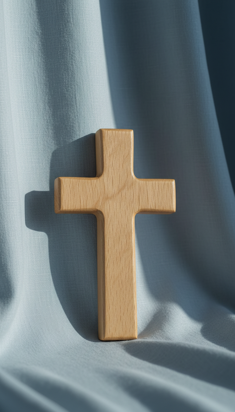 A meticulously arranged wooden cross crafted from smooth, pale oak with refined details and soft edges, resting against a backdrop of silvery-blue linen drapes. The subtle grain of the wood stands out in the gentle morning light streaming from the left, casting a graceful shadow across the textured fabric. The scene exudes a calm and contemplative mood, ideal for a site emphasizing Christian events. Captured at eye-level with a centered composition and minimalist surroundings, there is sharp focus on the cross while the background gently falls away into a muted gradient, epitomizing a sophisticated, photographic realism.