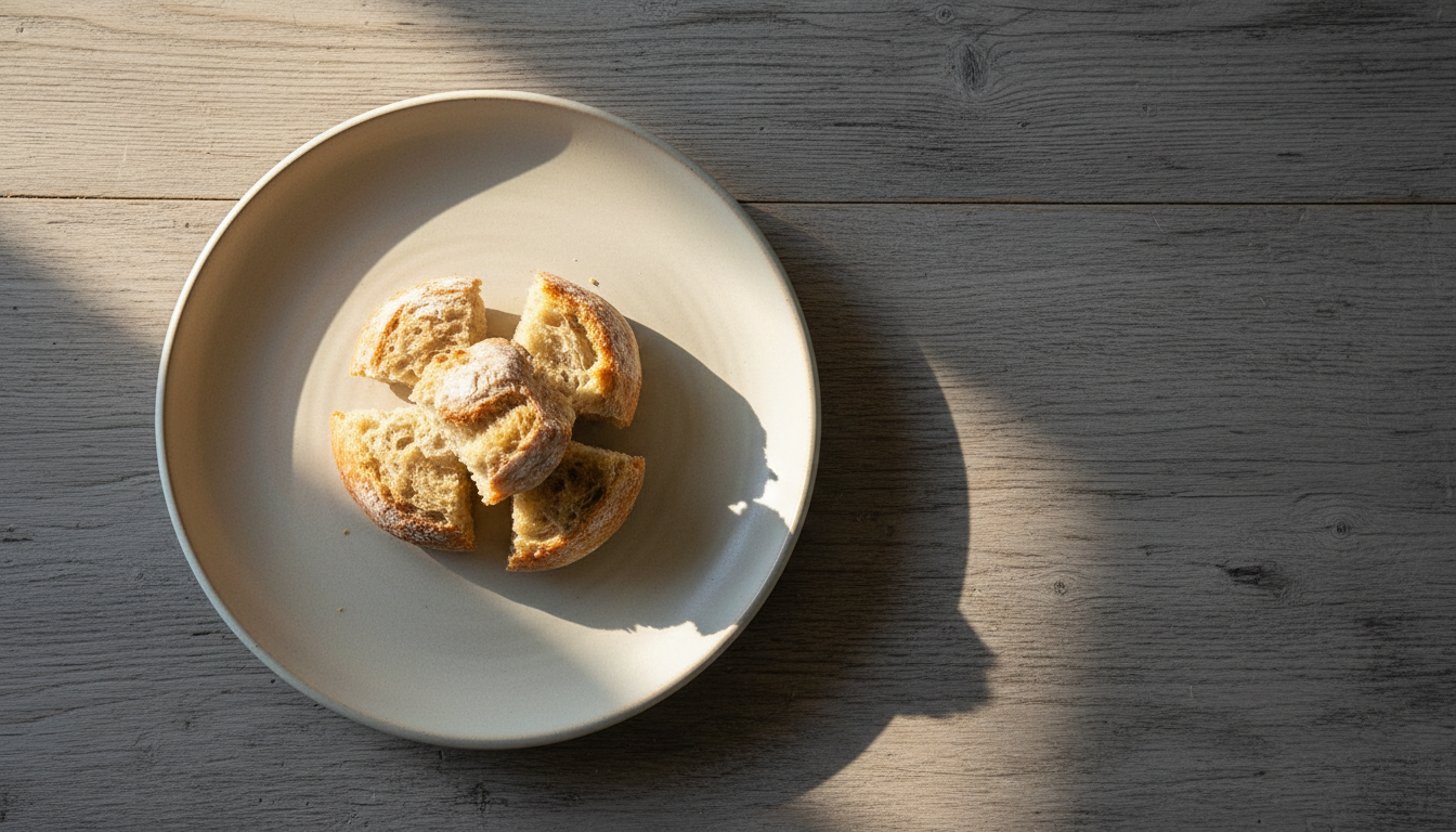 A simple but refined ceramic communion plate glazed in muted ivory, adorned with a small cluster of rustic, artisan bread pieces set at the center of a reclaimed wood table. The table's silvery-gray grain contrasts elegantly with the smooth plate, and natural sunlight from an unseen window introduces subtle gradients and casts a gentle radiance over the scene. The mood is warm, inviting, and sophisticated, with a silent reverence. Shot from a bird’s eye view, the composition applies the rule of thirds to highlight both the plate and negative space, maintaining a minimalist elegance suitable for a Christian non-profit’s event imagery.