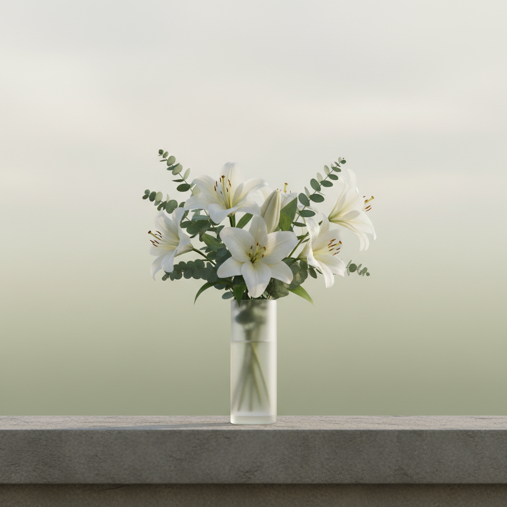 A graceful arrangement of white lilies and eucalyptus leaves, loosely gathered in a slender frosted glass vase, centered on a wide, matte stone ledge. The flowers' intricate details are accentuated by a soft, pale morning light diffusing through thin clouds, which produces gentle highlights across the petals and subtle shadows on the ledge. The background features delicate gradients moving from ivory to muted sage, with a minimalist and refined feel. Photographed at a slight angle to convey natural depth and sophistication, this peaceful image captures a sense of hope and renewal in line with Christian themes, rendered in photographic realism with subtle, elegant compositional elements.